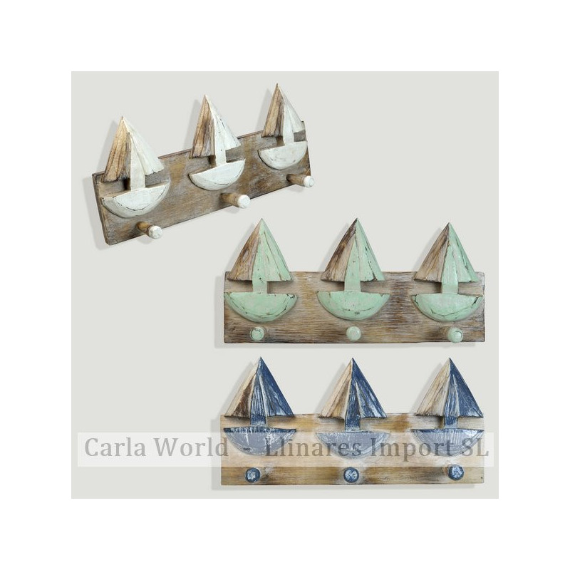 Triple wooden hanger Sailboats. Assorted colors. 32x16cm Triple wooden hanger Sailboats. Assorted colors. 32x16cm
