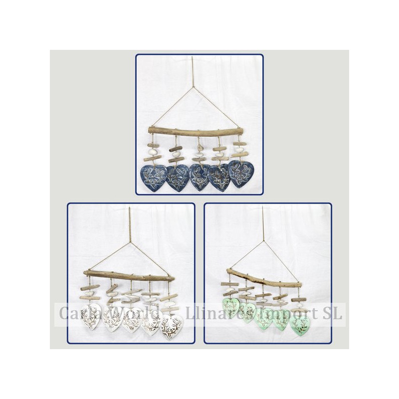 Horizontal wooden mobile 5 hearts tronquitos. Assorted colors.35x50cm Horizontal wooden mobile 5 hearts tronquitos. Assorted colors.35x50cm