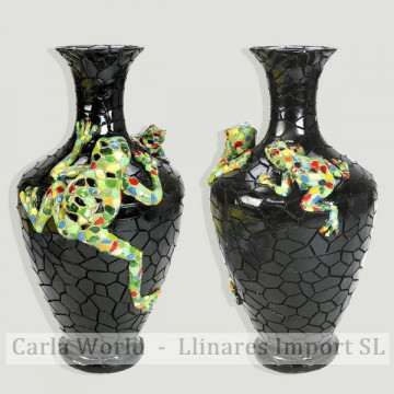 Vase en résine noire avec grenouille multicolore 17x30cm