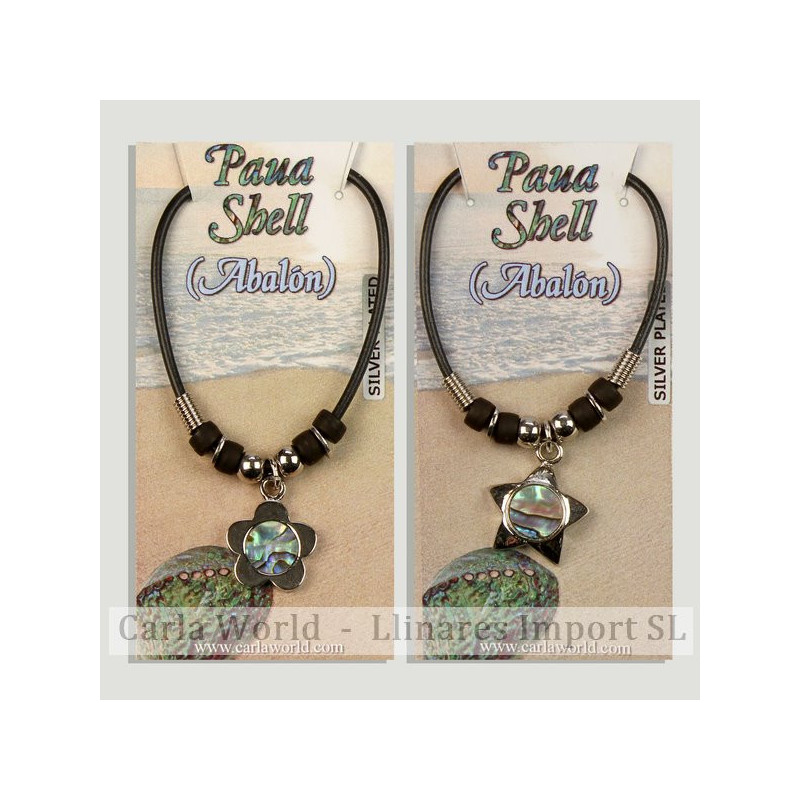Hook 15 - Abalone pendant with cord. Model: assorted star and flower. Hook 15 - Abalone pendant with cord. Model: assorted star and flower.