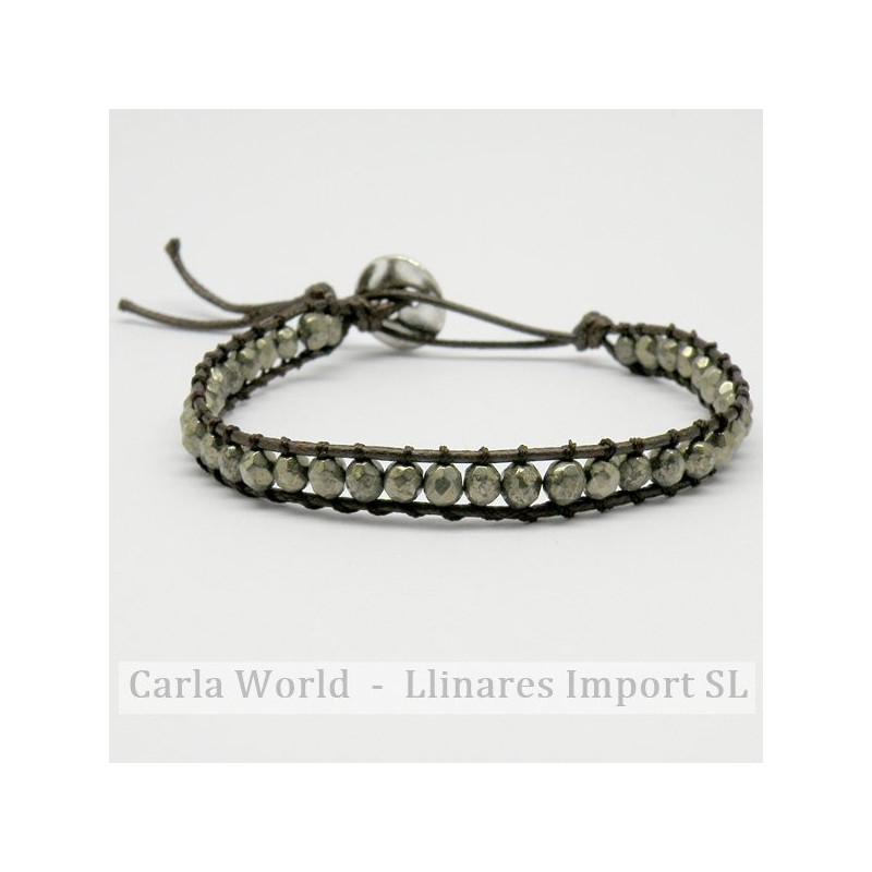 Bracelet en pyrite à facettes. Corde brune 1 tour Bracelet en pyrite à facettes. Corde brune 1 tour