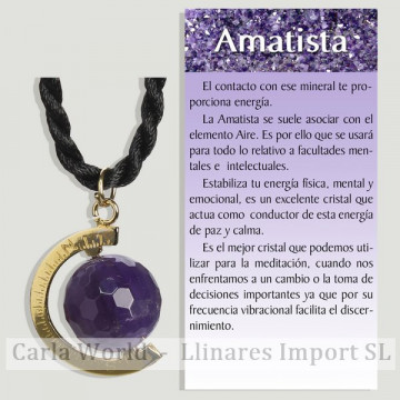 Amatista. Colgante golden plated. Meridiano con bola 14mm y cordón