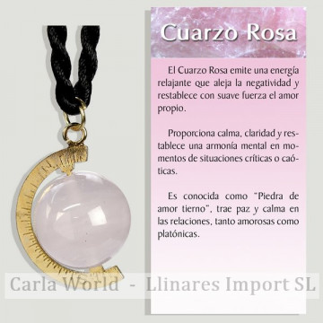 Cuarzo Rosa. Colgante golden plated. Meridiano con bola 16mm y cordón