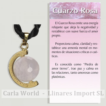 Cuarzo Rosa. Colgante golden plated. Meridiano con bola 12mm y cordón