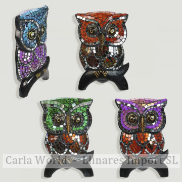 Wooden mosaic. Model: Standing Owl. Assorted colors. 14x6x21cm