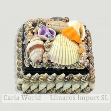 Mother-of-pearl box with shells. Square model.  6cm approx.