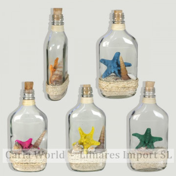 Botella vidrio con arena y estrella nudo. Modelos surtidos. 9x21cm