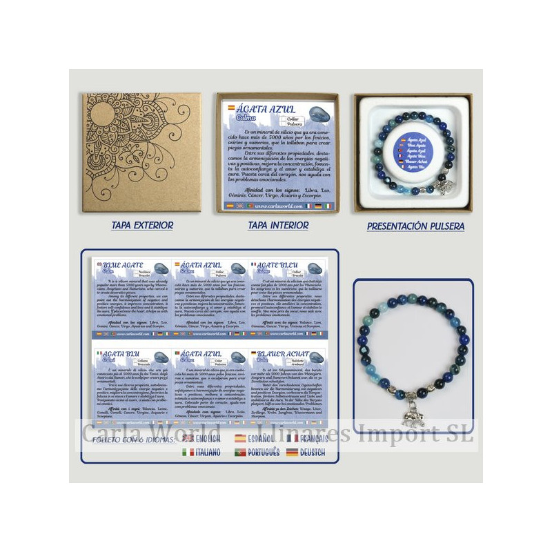 Ágata Azul. Pulsera bola con Abalorio. 6mm. Caja de REGALO Ágata Azul. Pulsera bola con Abalorio. 6mm. Caja de REGALO