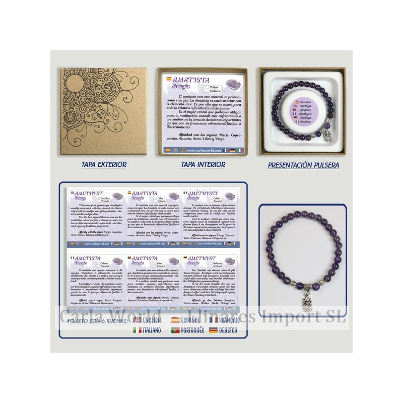 Amatista. Pulsera bola con Abalorio. 6mm. Caja de REGALO Amatista. Pulsera bola con Abalorio. 6mm. Caja de REGALO