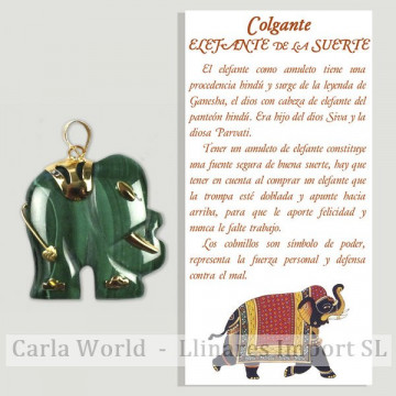 ELEFANTE. Colgante dorado. Mineral Malaquita