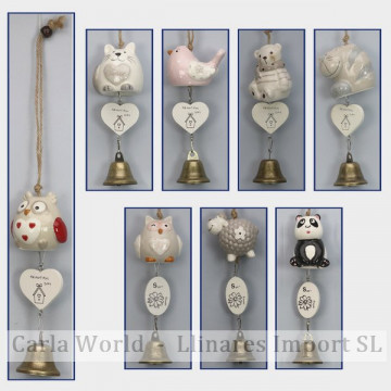 Ceramic mobile and bell. Assorted animal models. Ca.