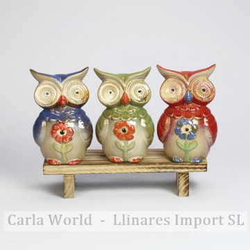 Set 3 ceramic owls wooden bench. 6x20x13cm
