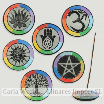 Porte-encens plat Chakra en pierre sculptée. Modèles variés 10cm