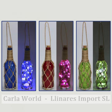 Botella cristal LED con cuerda. 7x7x30cm