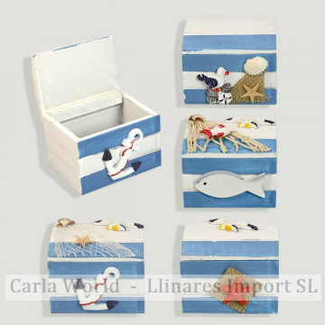 Caja madera náutico. Blanco y azul claro. Surtidos. 7x5,5x5,5cm