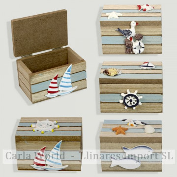 Nautical wooden box. Brown and blue. Assorted. 9x6x6cm
