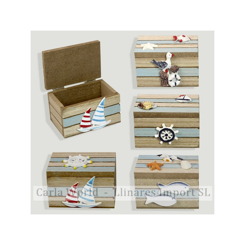 Boîte nautique en bois. Marron et bleu. Assortis. 9x6x6cm Boîte nautique en bois. Marron et bleu. Assortis. 9x6x6cm