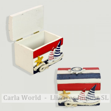 Nautical wooden box. Blue, white and red. 10x6x7cm