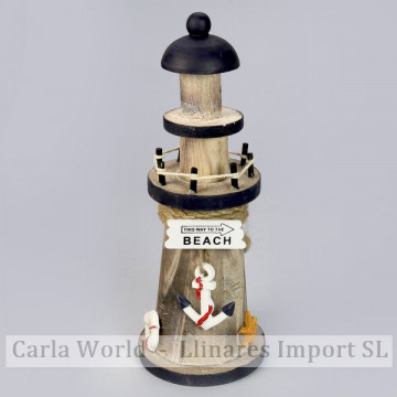 Faro madera redondo. BEACH. Marrón y azul. 23cm
