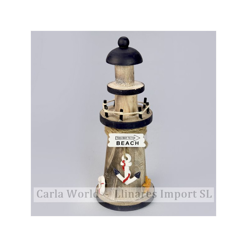 Round wood lighthouse. BEACH. Brown and blue. 23cm Round wood lighthouse. BEACH. Brown and blue. 23cm