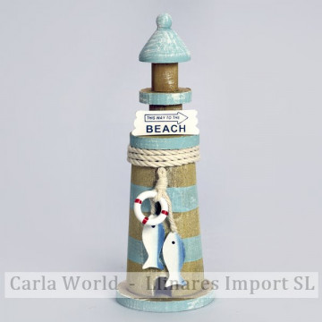 Round wood lighthouse. BEACH. Brown and Blue. 22cm stripes