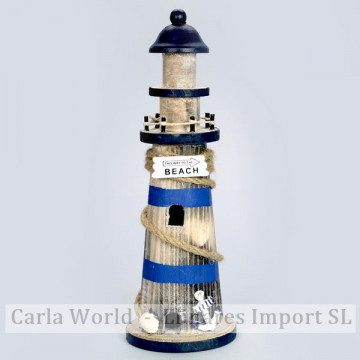 Phare en bois rond. PLAGE. Marron et bleu. rayures 30cm