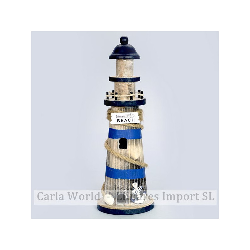 Faro madera redondo. BEACH. Marrón y Azul. rayas 30cm Faro madera redondo. BEACH. Marrón y Azul. rayas 30cm