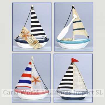Wooden boat. Striped cloth sail. Assorted.  11x14cm