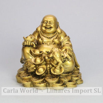 Buda resina dorado. Sonriente con cuenco y monedas. 12cm