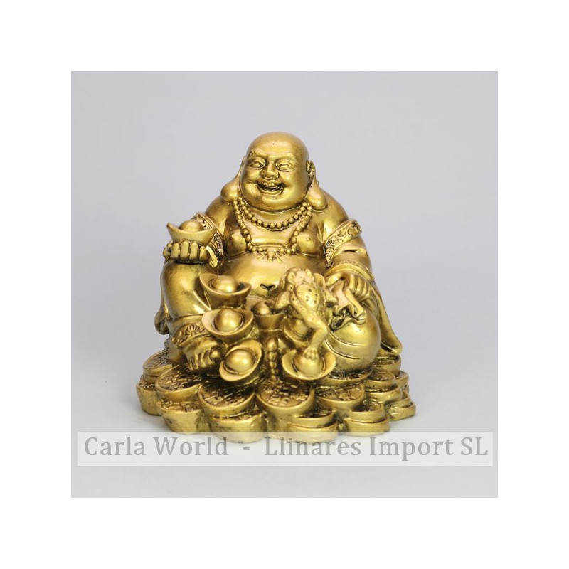 Golden resin Buddha. Smiling with bowl and coins. 12cm Golden resin Buddha. Smiling with bowl and coins. 12cm