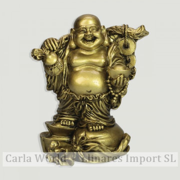 Golden resin Buddha. Smiling sack with bowl. 15cm
