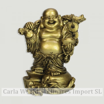 Bouddha en résine dorée. Sac souriant avec bol. 15cm