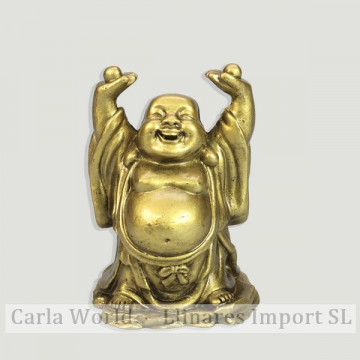 Buda de resina dourada. Mãos sorridentes para cima. 9cm