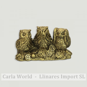 Gold resin owls. NOT HEARING/SEEING/SPEAKING. 7,5x4cm