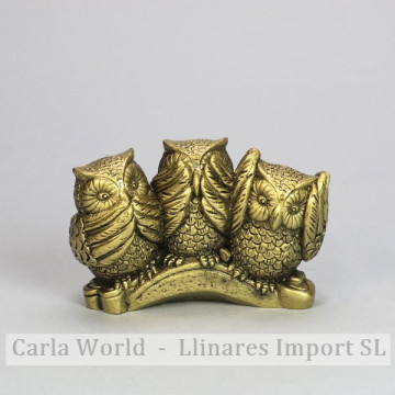Gold resin owls. NO HEARING/SEEING/SPEAKING 9x6cm
