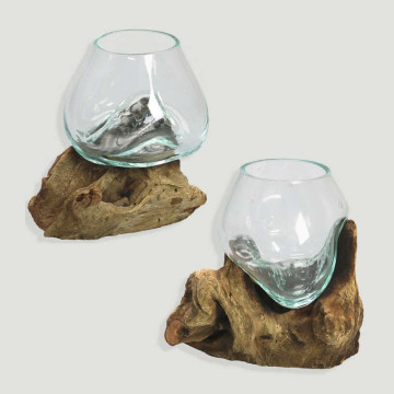 Vaso cristal en tronco madera. Surtidos. 12x13cm