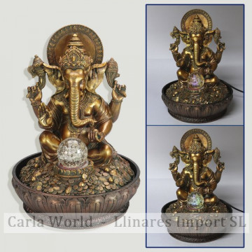 Fuente resina. Ganesha dorada con bola. 23x23x30cm