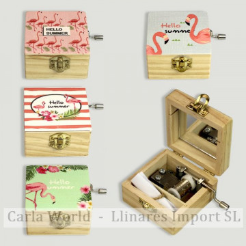 Wooden music box. Assorted flamingos. 6,5x6,5x4cm