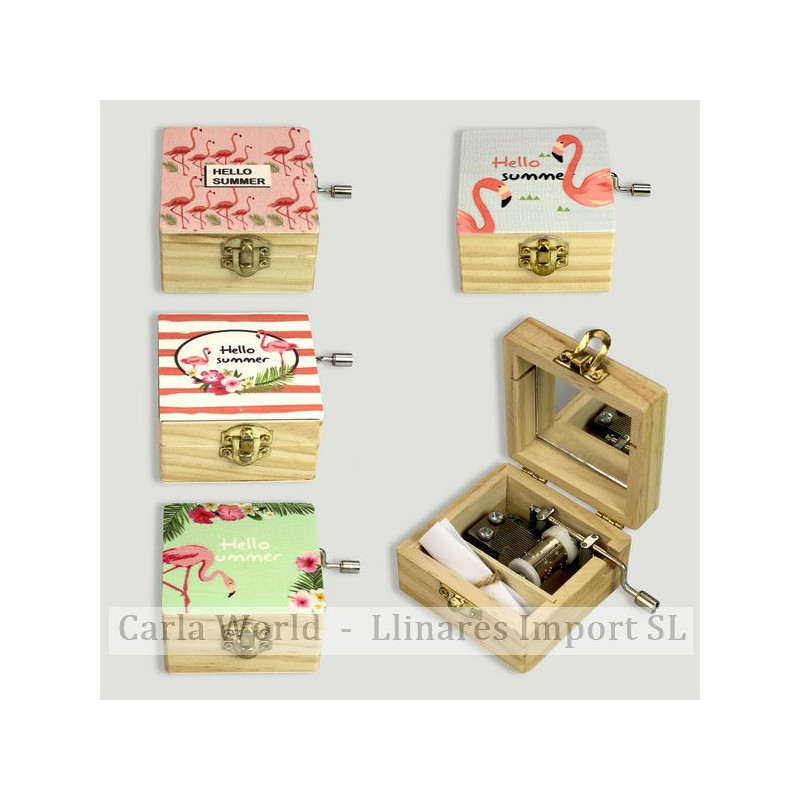 Wooden music box. Assorted flamingos. 6,5x6,5x4cm Wooden music box. Assorted flamingos. 6,5x6,5x4cm
