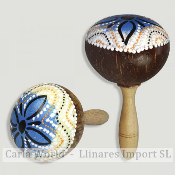 Painted aboriginal maraca 20cm. Coconut 10cm approx.