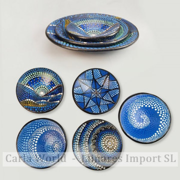Set of 3 round terracotta bowls. Assorted aboriginal models. 24/20 / 15cm