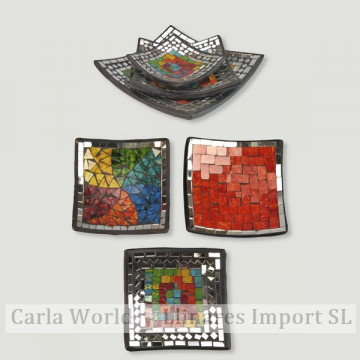 Set of 3 square terracotta bowls. Mosaic assorted colors. 25/15 / 10cm.