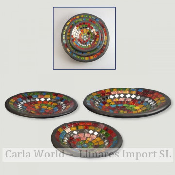 Set of 3 round terracotta bowls. Rasta multicolor mosaic. 25/15 / 10cm.
