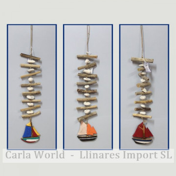 Wooden mobile 1 boat and logs. Assorted colors. 60cm.