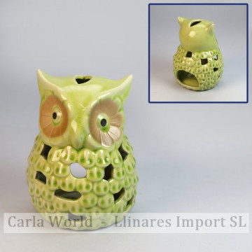 Owl candle holder. Green ceramic. 10x10,5x14cm.