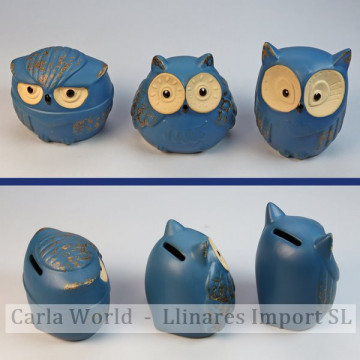 Tirelire hibou en céramique bleue. Modèles assortis. 10x10cm / 8x11cm / 10x8,5cm.