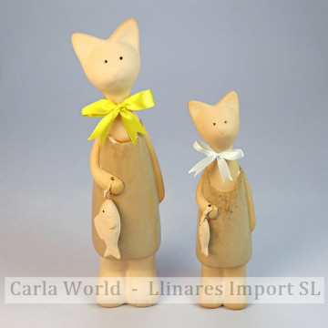Set 2 cats with ceramic fish 6x24,5cm / 5x19cm.