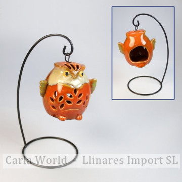 Ceramic owl candle holder 10x8cm. Metal pendant 21cm.
