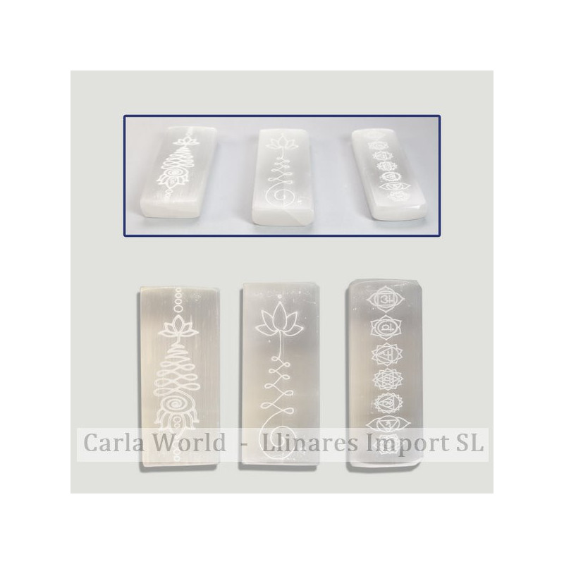 Selenite Rectangular bar engraved. Assorted models. 10cm. Selenite Rectangular bar engraved. Assorted models. 10cm.