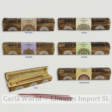 PARFUMS CARLA. Ensemble porte-encens coffre en bois et 10 bâtons. 31x6x7cm